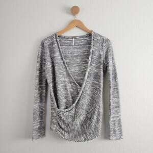 Free People Gotham Wrap Sweater Marled Grey Linen Blend V-Neck Ruched Top Sz XS
